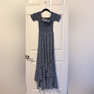 Boho farmhouse off shoulder Dress in Navy and White XS